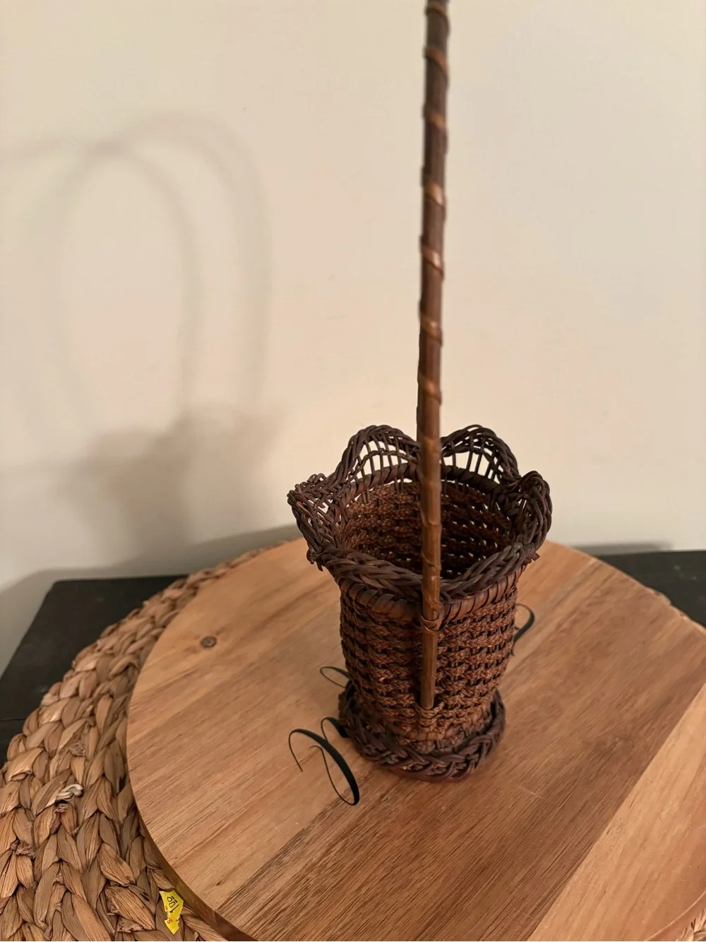 Antique Handwoven Dark  Brown Decorative Basket with Tall Handle